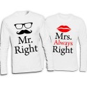 Coppia di t-shirt, lui e lei, manica lunga "Mr. Right + Mrs. Always Right"