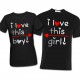 T-shirt di coppia lui e lei "I love this girl / boy" con stampa argento, idea regalo per San Valentino!