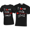 T-shirt di coppia lui e lei "I love this girl / boy" con stampa argento, idea regalo per San Valentino!