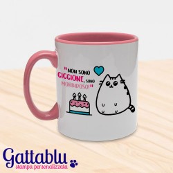 Tazza "Non sono ciccione, sono morbidoso!" gatto grasso kawaii, rosa