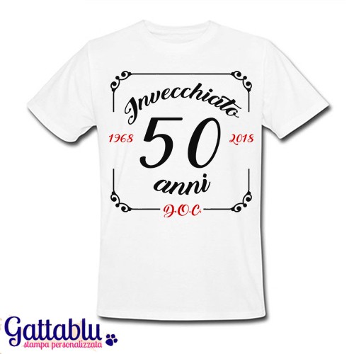 T shirt uomo compleanno Invecchiato 50 anni D.O.C. personalizzabile con data di nascita bianca