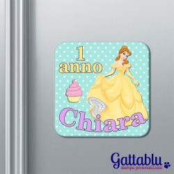 Calamita magnete compleanno bimba Principessa Belle, PERSONALIZZATA CON NOME E ANNI