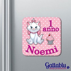 Calamita magnete compleanno bimba gattina Minou, PERSONALIZZATA CON NOME E ANNI