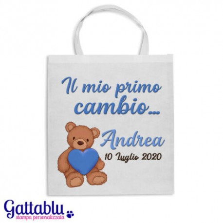 Shopper borsetta Il mio primo cambio, PERSONALIZZATA CON NOME E DATA DI NASCITA BIMBO! Idea regalo NASCITA!