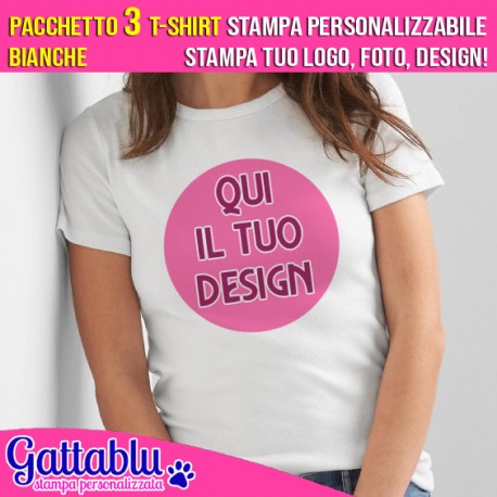 Pacchetto 3 t-shirt donna CON STAMPA PERSONALIZZABILE, stampa tuo logo, foto, design! Colore bianco.