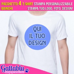 Pacchetto 4 t-shirt uomo CON STAMPA PERSONALIZZABILE, stampa tuo logo, foto, design! Colore bianco.