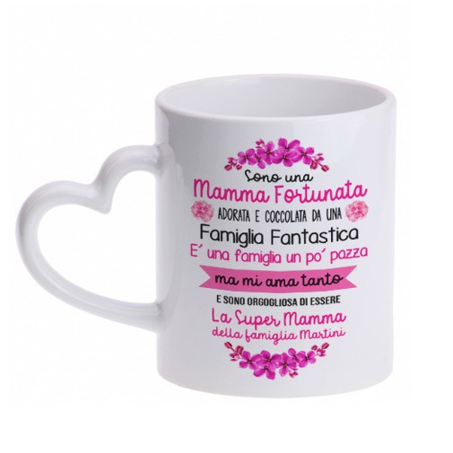 Tazza mug 11 oz manico cuore Sono una mamma fortunata personalizzata con  nome della famiglia! Idea regalo, festa della mamma!