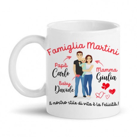 Tazza mug 11 oz Famiglia felice, mamma papà e bimbo o bimba, PERSONALIZZATA  con cognome e nomi!