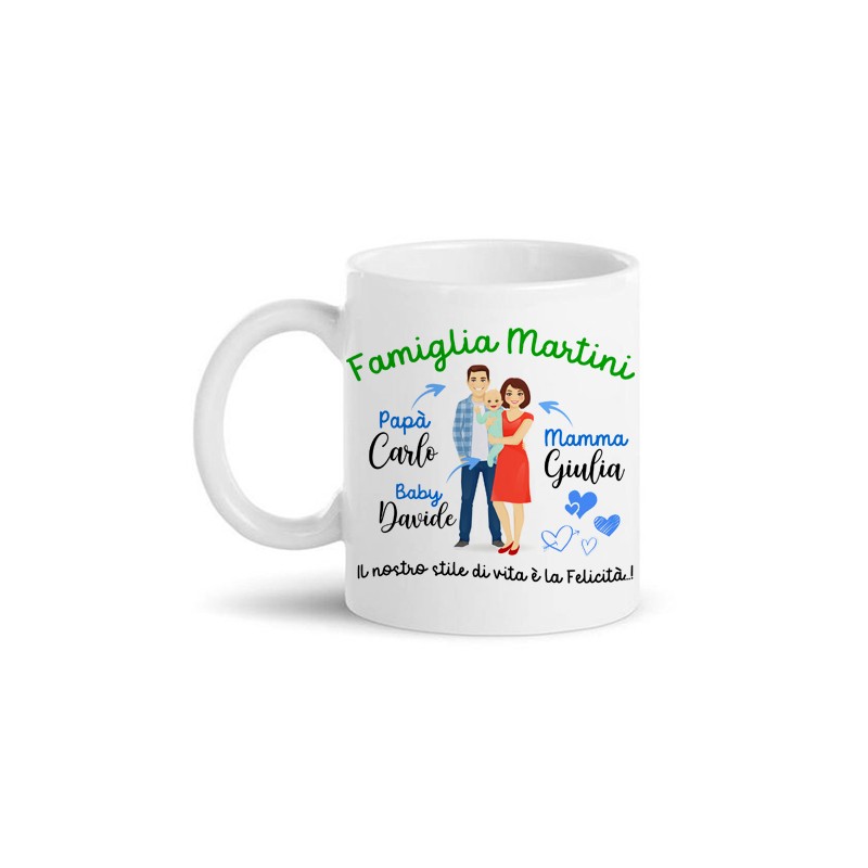 Tazza mug 11 oz Famiglia felice, mamma papà e bimba o bimbo, PERSONALIZZATA  con cognome e