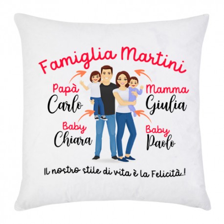 Federa per cuscino Famiglia felice, mamma papà e 2 figli femmina e maschio, PERSONALIZZATA con cognome e nomi!