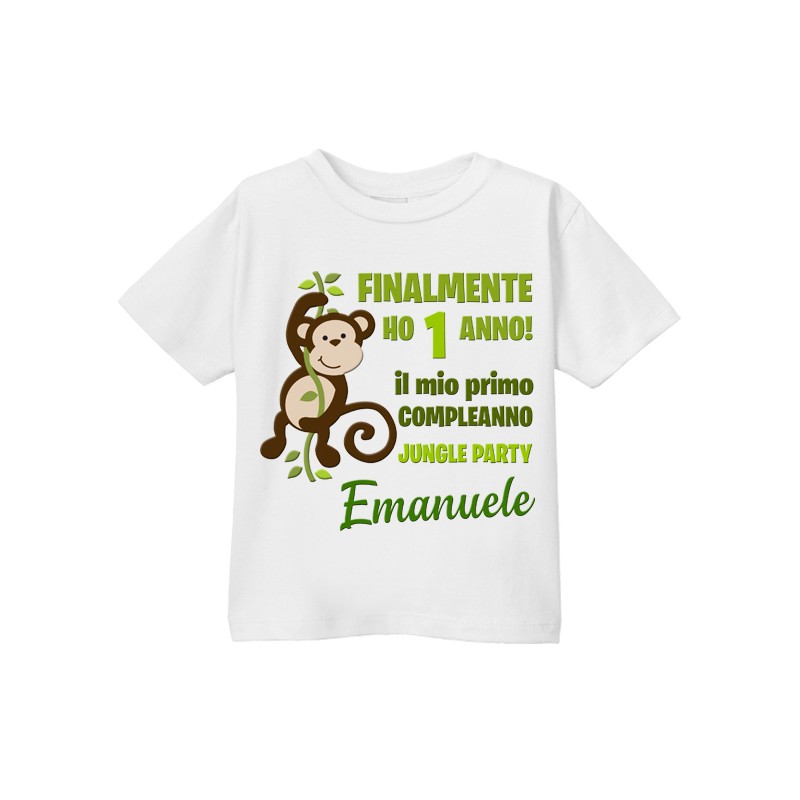 T-shirt bimbo e bimba Il mio primo compleanno, un anno! PERSONALIZZATA CON  NOME, scimmia della giungla!