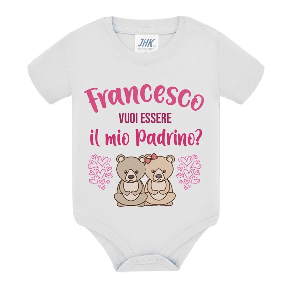 Body neonato neonata Vuoi essere il mio Padrino? Personalizzato con nome!  Orsetti, scritte rosa!