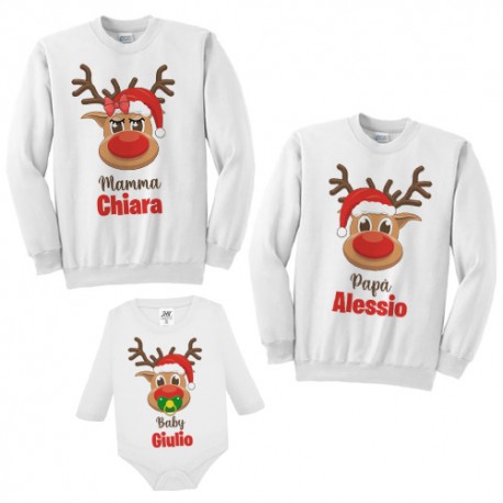 Pacchetto Famiglia 2 Felpe + 1 Body manica lunga, Mamma papà e Bimbo o Bimba, Renne di Natale Carine Personalizzabili con Nomi!