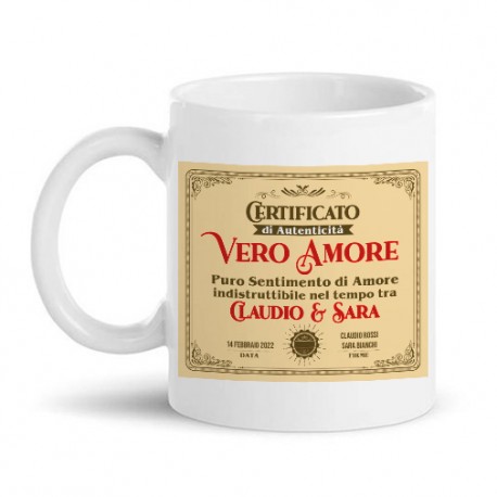 Tazza mug 11 oz Certificato di Vero Amore, personalizzata con nomi, data e firme! Regalo romantico!