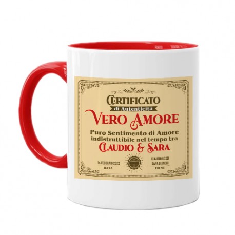 Tazza mug 11 oz color rossa Certificato di Vero Amore, personalizzata con nomi, data e firme!