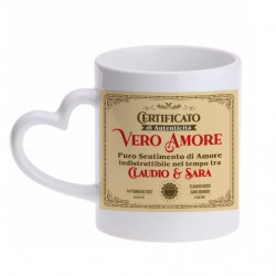 Tazza mug 11 oz manico cuore Certificato di Vero Amore, personalizzata con nomi, data e firme!