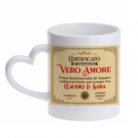 Tazza mug 11 oz manico cuore Certificato di Vero Amore, personalizzata con nomi, data e firme!