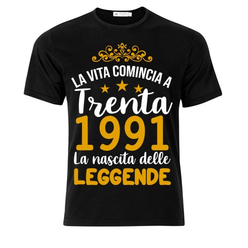 T-Shirt Maglietta Uomo Compleanno La Vita comincia a 30, la nascita delle  leggende! Personalizzata con anni e data! Nera!