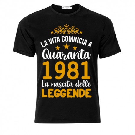 T-Shirt Maglietta Uomo Compleanno La Vita comincia a 40, la nascita delle  leggende! Personalizzata con anni e data! Nera!