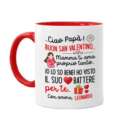 Tazza 11 oz Caro papà buon San Valentino! Mamma ti ama, il suo cuore batte  per