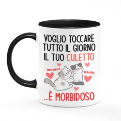 Tazza mug nera 11 oz Voglio toccare il tuo culetto, è morbidoso! Personalizzata con vostri nomi! Gattini San Valentino! 