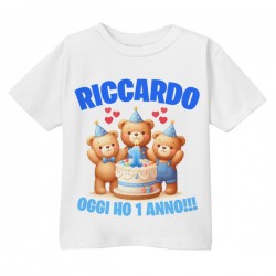  T-Shirt Maglietta Bimbo Primo Compleanno Adesso Ho 1 Anno! Personalizzata con Nome! Orsetti orsacchiotti Carini!